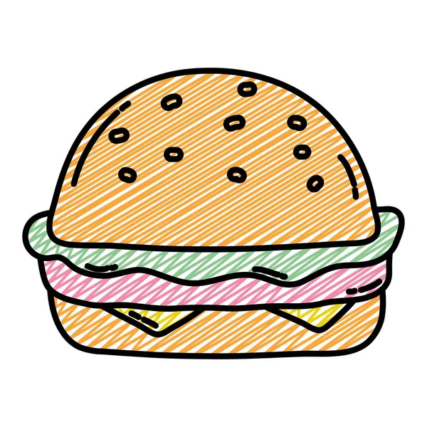 Doodle Delizioso Hamburger Malsano Fastfood Pasto Vettoriale Illustrazione — Vettoriale Stock