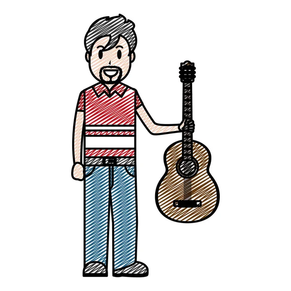 Doodle Glückliche Musiker Mit Gitarreninstrument Der Hand Vektor Illustration — Stockvektor