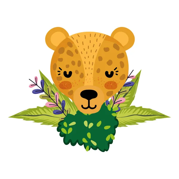 Leopard Huvudet Djur Med Bush Blommor Växter Vektor Illustration — Stock vektor