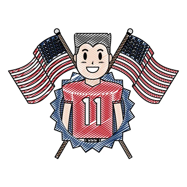 Doodle Fotbollsspelare Med Patriotiska Usa Flaggor Och Emblem Vektorillustration — Stock vektor