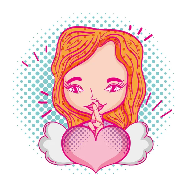 Mujer Con Gesto Mano Apoyo Alas Del Corazón Vector Ilustración — Vector de stock