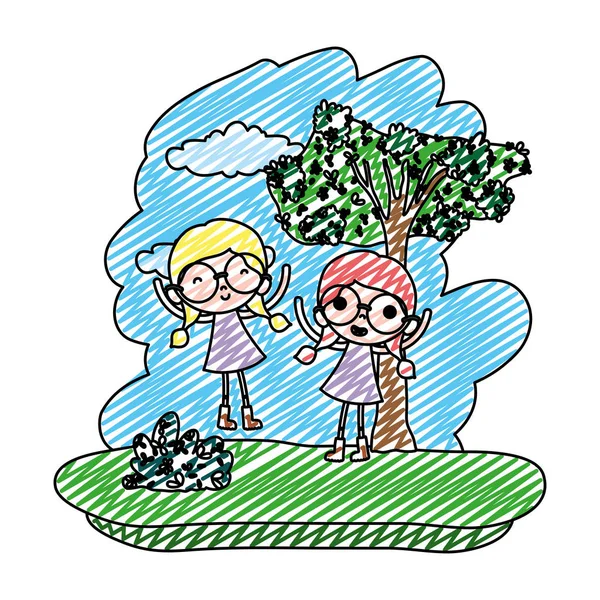 Doodle Agradável Crianças Meninas Floresta Reserva Vetor Ilustração — Vetor de Stock