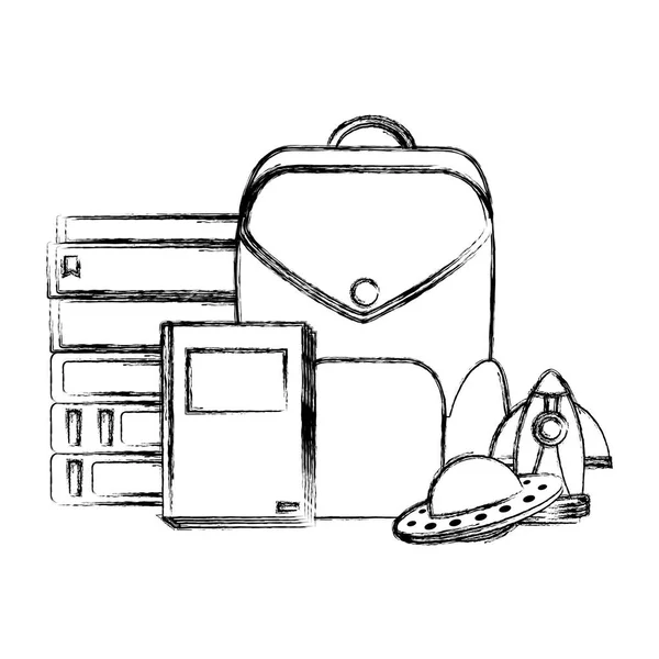 Grunge Livre Avec Packpack Outils Scolaires Jouets Illustration Vectorielle — Image vectorielle