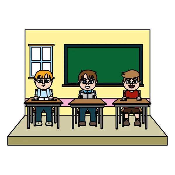 Kleur Klas Met Studenten Zitten School Bureau Vectorillustratie — Stockvector