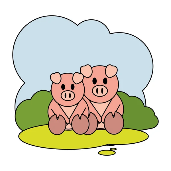 Couleur Couple Porc Ferme Animal Dans Paysage Vectoriel Illustration — Image vectorielle