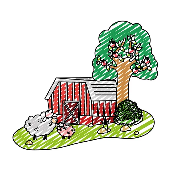 Doodle Dům Farmu Sheeps Zvířata Strom Vektorové Ilustrace — Stockový vektor