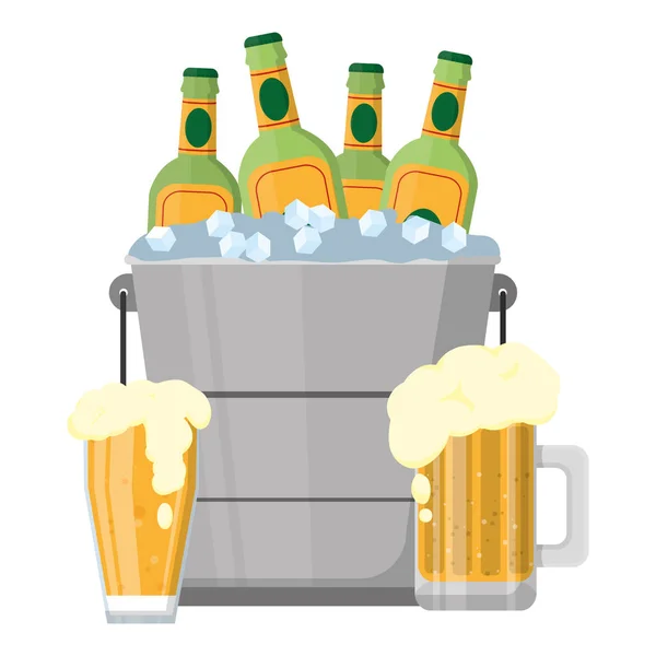 彩色啤酒瓶与冰块内桶向量例证 — 图库矢量图片