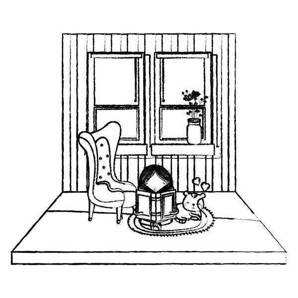 grunge kız ev vektör çizim kedi ile kitap okuma