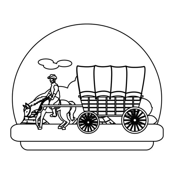 Linha Homem Passeio Cavalo Com Carruagem Deserto Vetor Ilustração — Vetor de Stock