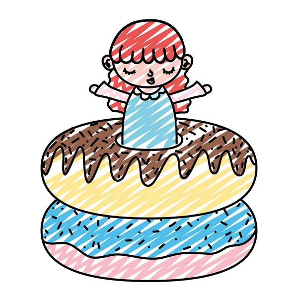 Doodle Linda Niña Con Donuts Dulce Vector Ilustración — Vector de stock