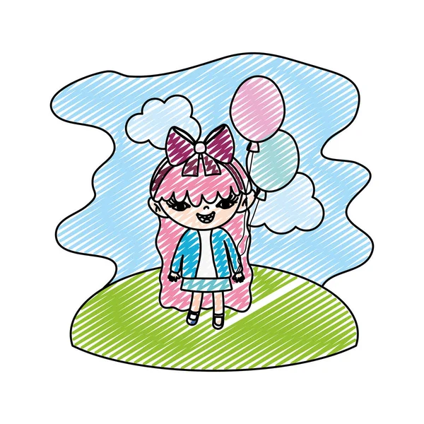 Doodle Miła Dziewczyna Dziecko Balonami Krajobraz Wektor Ilustracja — Wektor stockowy