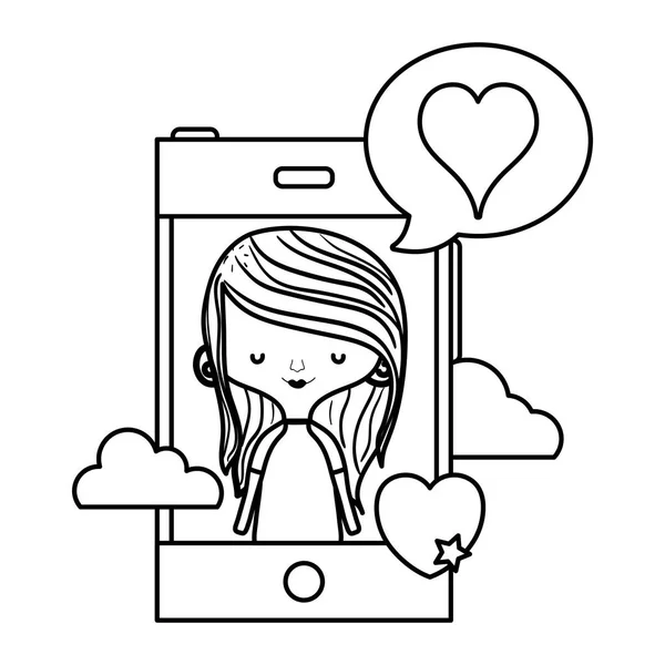Γραμμή Γυναίκα Smartphone Και Καρδιά Μέσα Συνομιλία Φούσκα Εικονογράφηση Διάνυσμα — Διανυσματικό Αρχείο