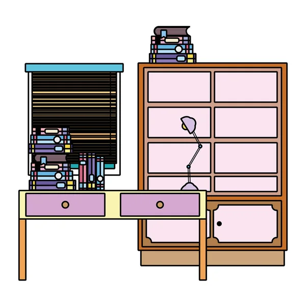 Livres Couleur Dans Bureau Objet Bibliothèque Avec Illustration Vectorielle Lampe — Image vectorielle