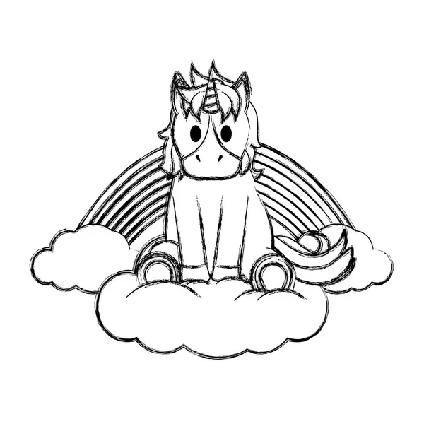 Grunge Schattig Unicorn Zitplaatsen Wolken Regenboog Vectorillustratie — Stockvector
