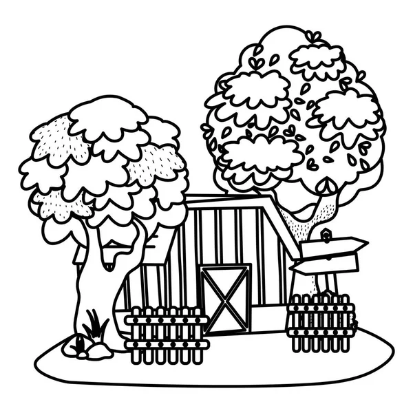 Ligne Maison Ferme Avec Des Avis Bois Des Arbres Illustration — Image vectorielle
