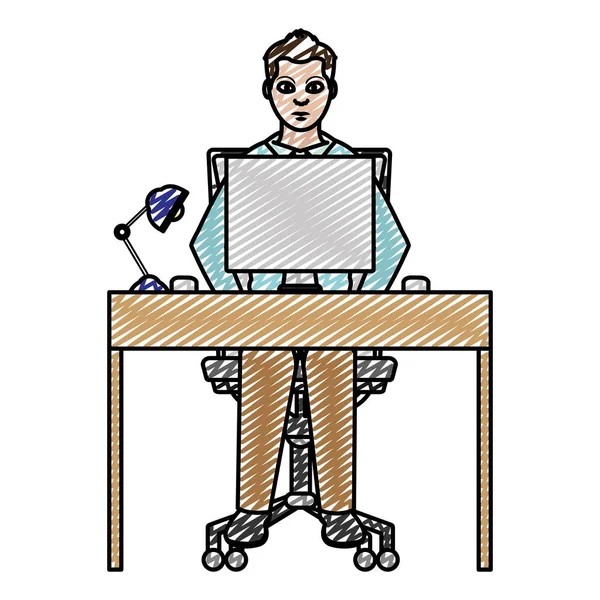 Doodle Geschäftsmann Bürostühle Mit Schreibtisch Und Computer Vektor Illustration — Stockvektor