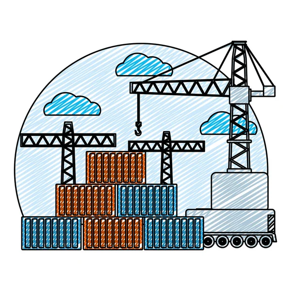 Doodle Levering Cargo Containers Kraan Object Vector Illustratie — Stockvector