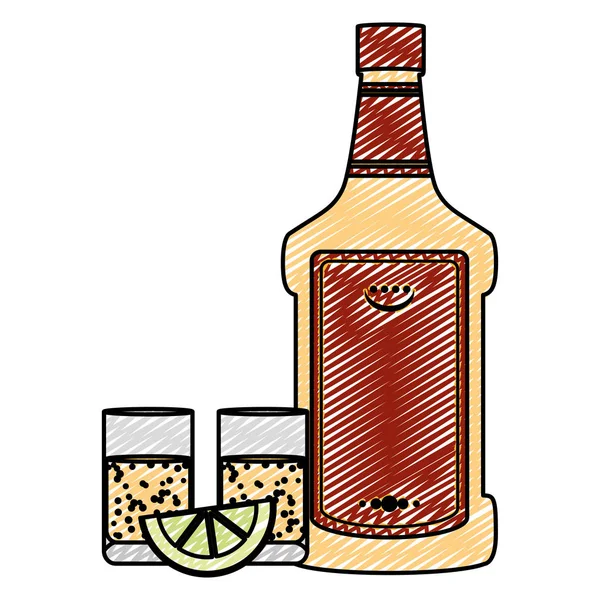 Bouteille Liqueur Tequila Doodle Verre Avec Illustration Vectorielle Citron — Image vectorielle