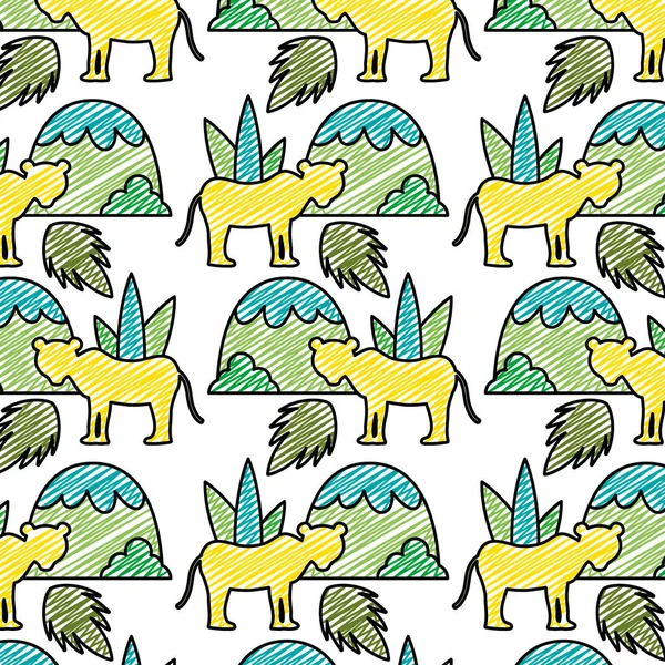 Doodle Leão Com Folhas Plantas Montanhas Fundo Vetor Ilustração — Vetor de Stock