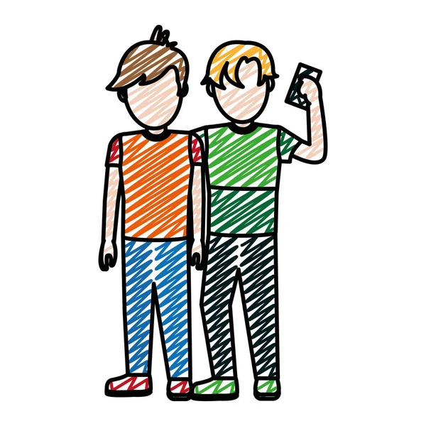 Doodle Children Boys Friends Social Smartphone Vector Illustration — Stock Vector