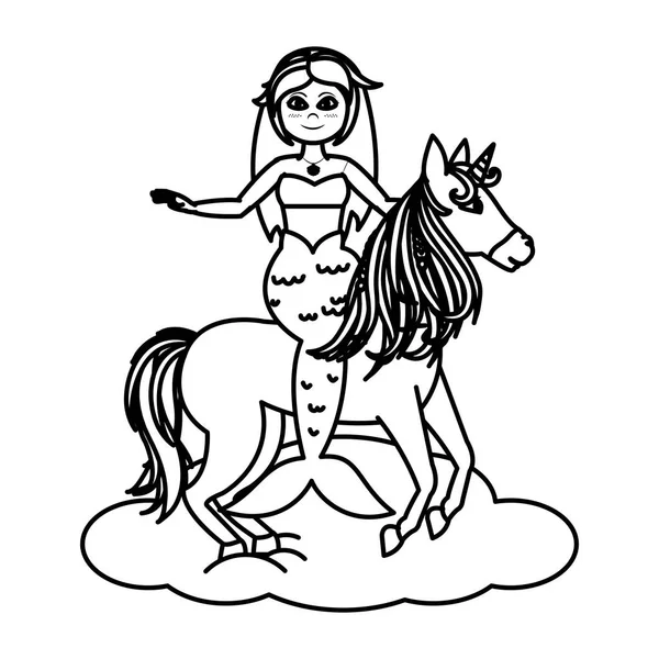 Line Siren Woman Riding Unicorn Cloud Vector Illustration — Stock Vector