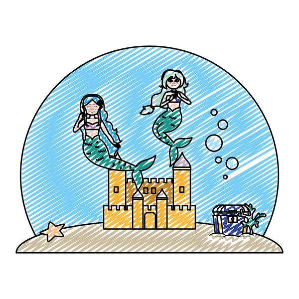 落書き城と貴重品箱が付いている水の下で素敵な人魚ベクトル イラスト — ストックベクタ