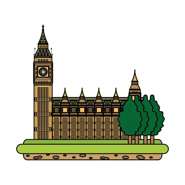 Tour Horloge Londonienne Couleur Avec Des Arbres Illustration Vectorielle Paysage — Image vectorielle