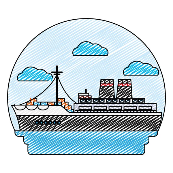 Doodle Side Ship Transport Avec Illustration Vectorielle Des Conteneurs Livraison — Image vectorielle