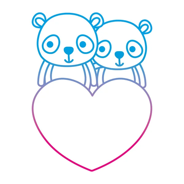 Degraderad Linje Par Panda Tillsammans Med Söt Hjärta Vektorillustration — Stock vektor