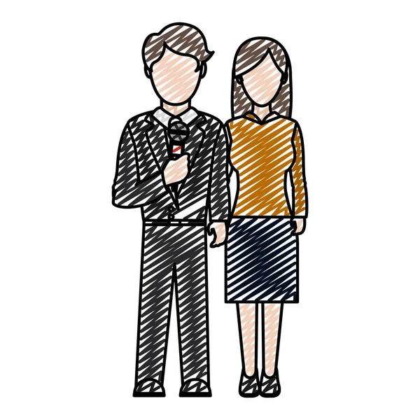 Doodle Mann Reporterjob Mit Eleganten Frau Vektor Illustration — Stockvektor