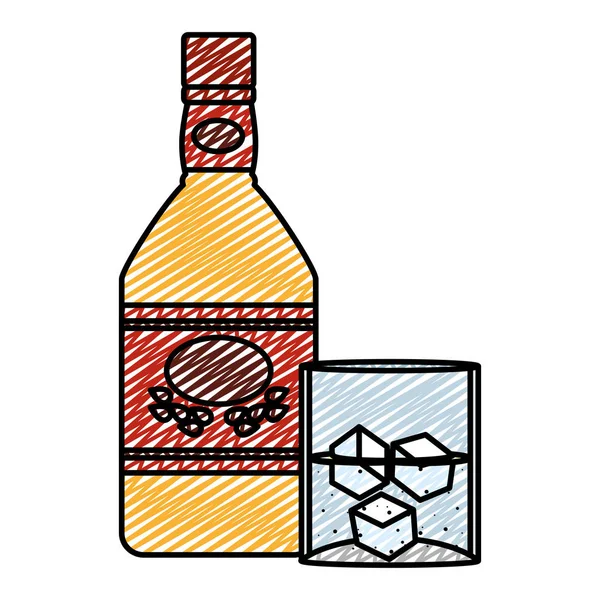 Doodle Blanco Tequila Botella Vidrio Con Hielo Cubos Vector Ilustración — Archivo Imágenes Vectoriales