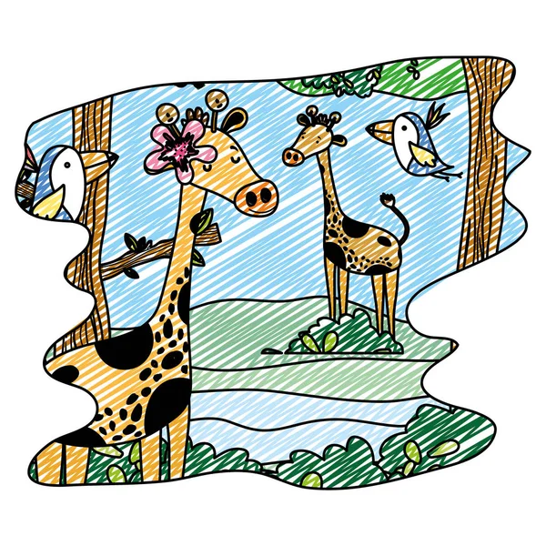 Doodle Nice Giraffes Birds Wild Animal Forest Vector Illustration — Stock Vector