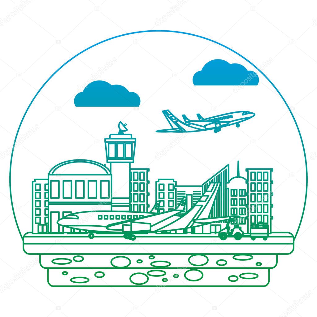 degraded line airport place with airplanes and vehicle luggages vector illustration