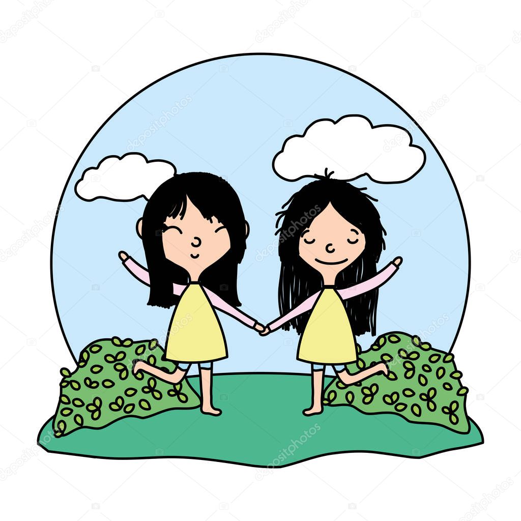 color beauty girls playing together in the landscape vector illustration