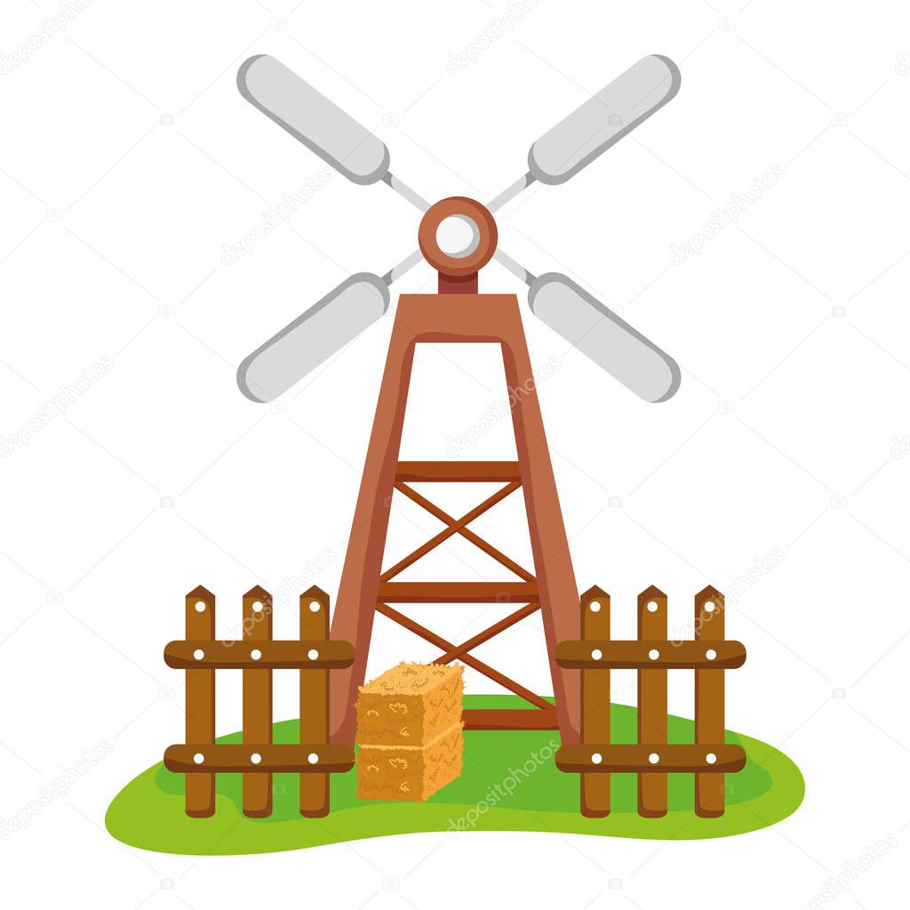 nature windmill with wood grillage and straw bale vector illustration