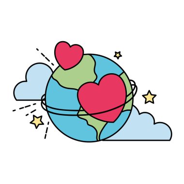 Renkli dünya gezegen kalpler dekorasyon ve bulutlar vektör çizim ile