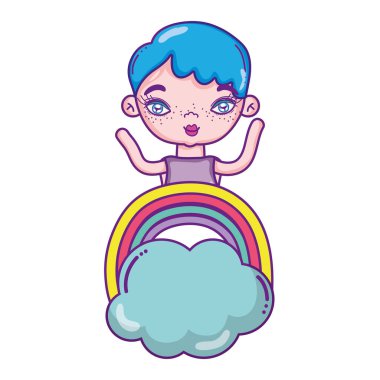 Kadın kısa saç modeli ve rainbow ile bulut vektör çizim