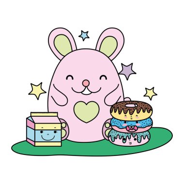 renk sevimli fare ile çörek ve süt kutusu vektör çizim