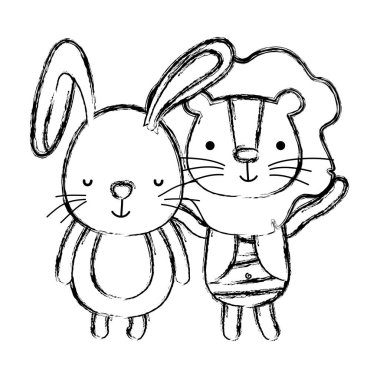 Grunge tavşan ve aslan sevimli arkadaşlar hayvan vektör çizim