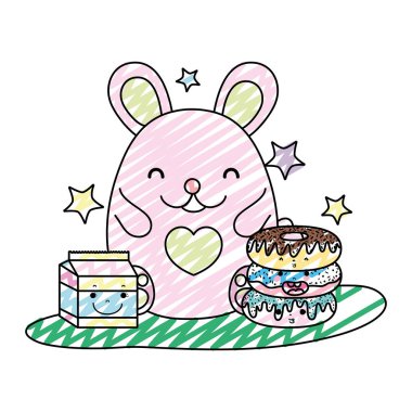 sevimli fare ile çörek ve süt kutusu vektör çizim doodle