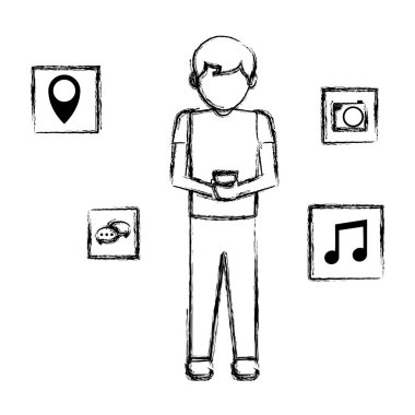 smartphone ve sosyal uygulamalar bir grunge çocuk çocuk illüstrasyon vektör