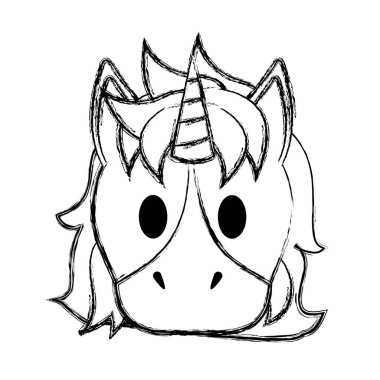 Grunge güzel tek boynuzlu at kafası boynuz ve saç şekli vektör çizim ile