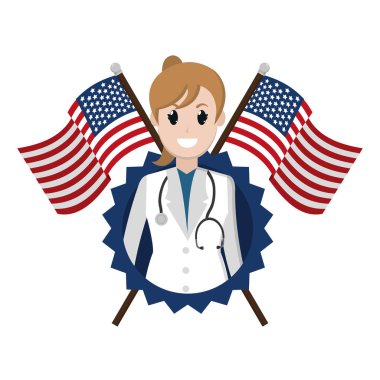 kadın doktor ABD bayrağı ve amblemi vektör çizim ile