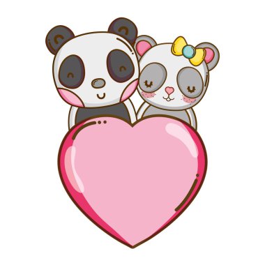 Panda Çift kalp sevgi ile vektör çizim imzalamak