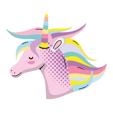 şirin tek boynuzlu at kafası saç ve boynuz vektör çizim ile