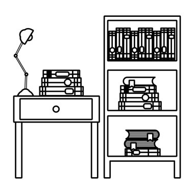 çizgi kitaplar ve lamba tablo kitaplık vektör çizim ile sona