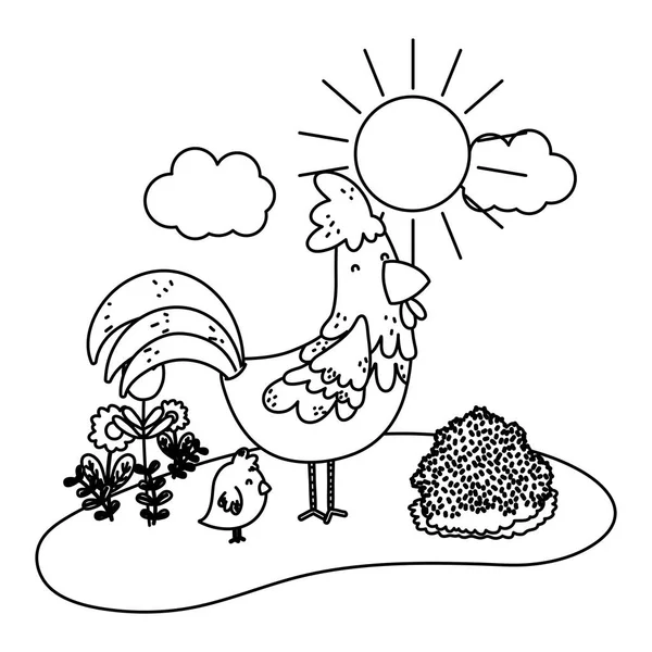 Линия Хорошая Курица Цыплятами Фермы Животных Векторной Иллюстрации — стоковый вектор