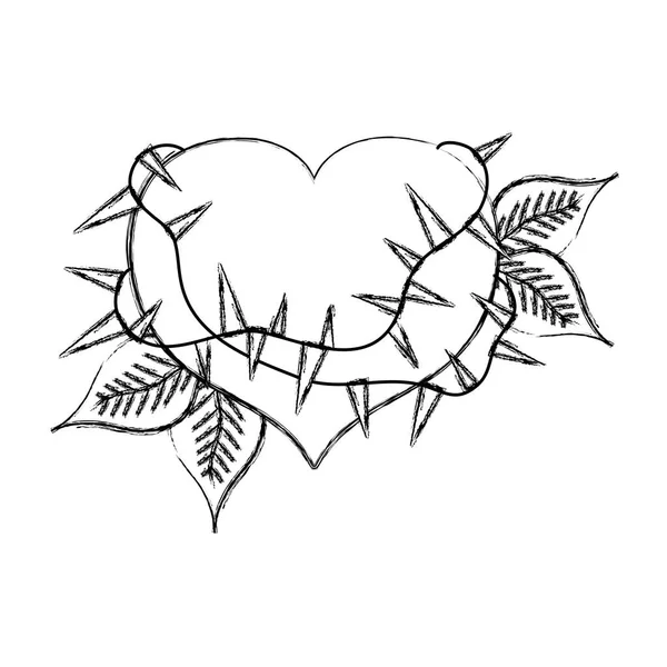 Corazón Grunge Con Espinas Ramas Plantas Hojas Vector Ilustración — Archivo Imágenes Vectoriales