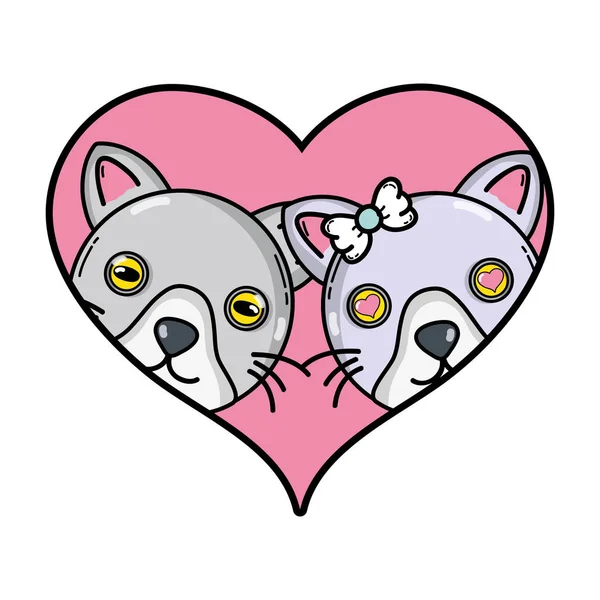 Lindo Gato Pareja Animal Juntos Dentro Del Corazón Vector Ilustración — Archivo Imágenes Vectoriales