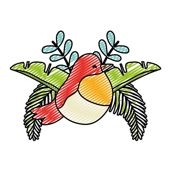 Doodle Schoonheid Vogel Met Tropische Bladeren Planten Vectorillustratie — Stockvector